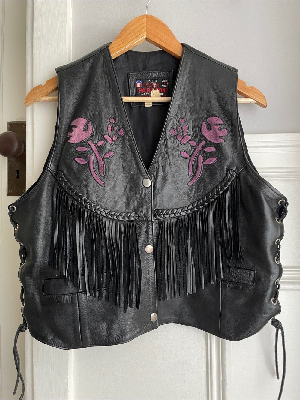 Vintage Leather Vest with Floral details and Fringe S/M